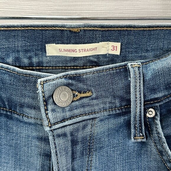 Levis Jeans Womens 31 Slimming Straight Medium Wash Cotton Stretch Painted Pocke - Picture 4 of 10